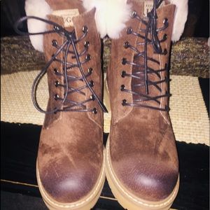 UGG Brown Lace Up Boots with Cream Fur